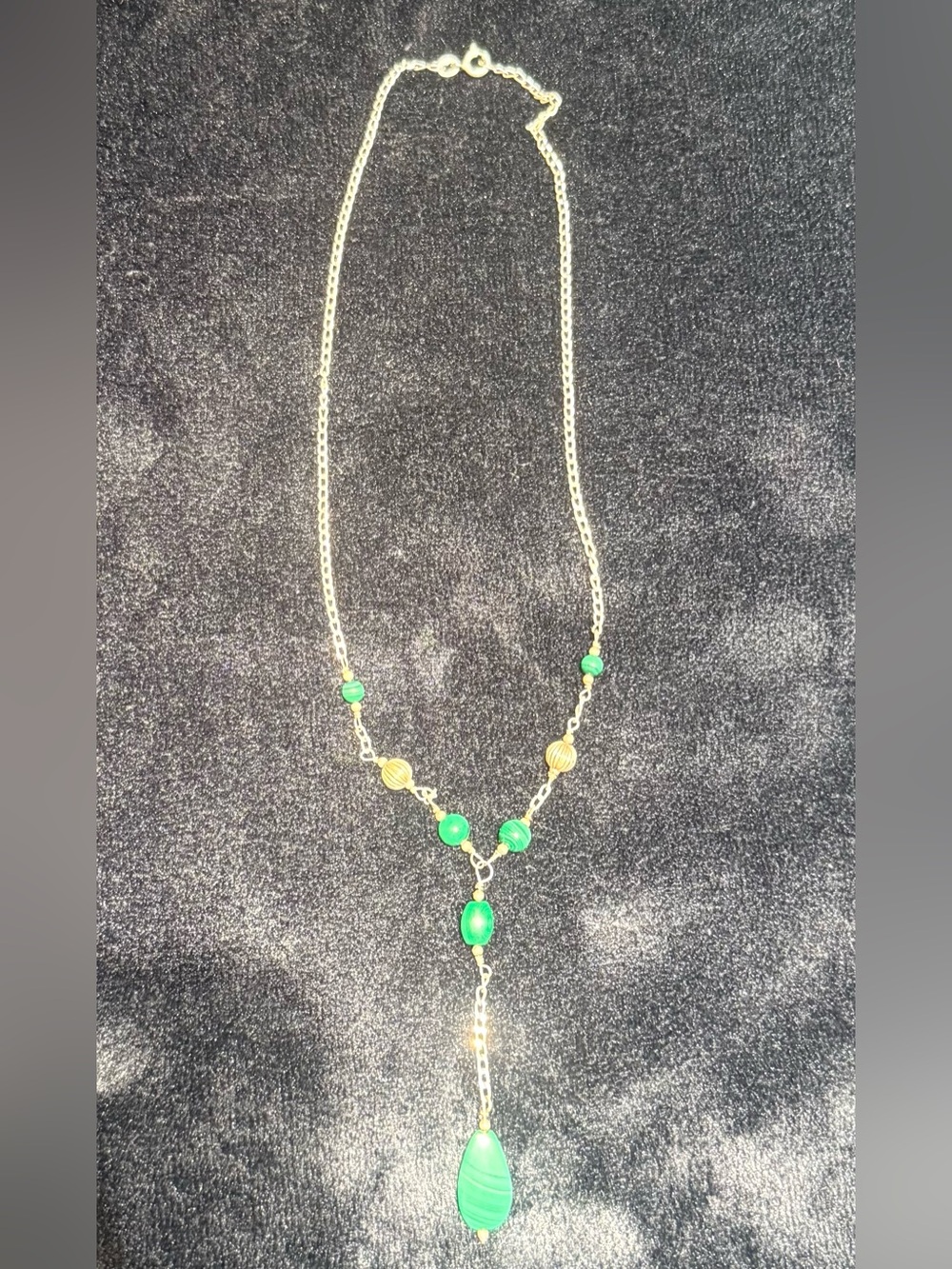 Vintage Sterling Silver 925 India Green Malachite Bead Y Drop Necklace 16” 6.5g